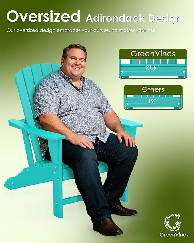 GREENVINES Adirondack Chairs Set of 2 | HDPE Plastic | Oversized Fire Pit Chair | All Weather | Aqua | Poly Lumber | for Outdoor Deck Backyard Patio Garden