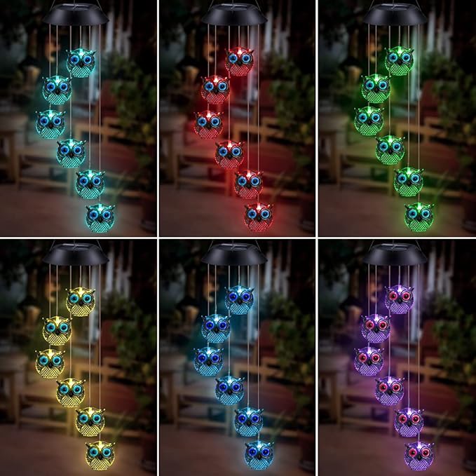 Solar Wind Chimes, Owl LED Solar Powered Wind Chimes Lamp Color Changing Waterproof Garden Chimes with Hook for Outdoor Indoor Patio Yard Deck Grandma Mom