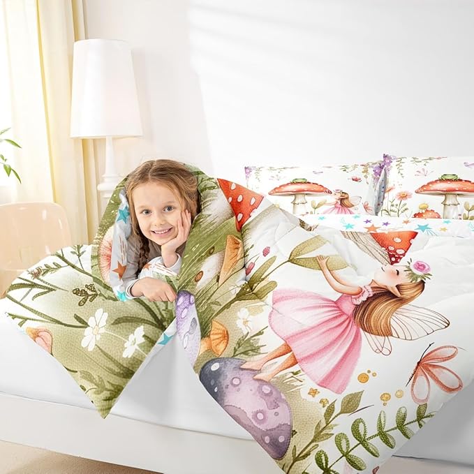 Erosebridal Fairy Garden Full Comforter Set - Mushroom & Frog Bedding Sets for Kids Girls, Butterfly Floral Forest Themed Bed Set | Whimsical Fairies Room Decor with 2 Pillowcases