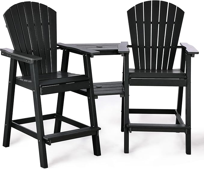 Tall Adirondack Chairs Set of 2, HDPE Balcony Chair with Double Connecting Tray, Weather Resistant Outdoor Adirondack Bar Stools for Patio, Deck, Patio, Backyard, Balcony.(Black)