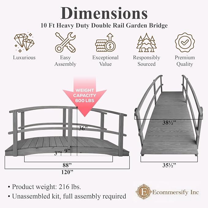 10 FT Grey Amish Made Garden Bridge with Double Rails for Walkway, Backyard Pond & Landscaping, Outdoor Wooden Footbridge for Koi Pond, Japanese Style Decorative Bridge, Made in USA