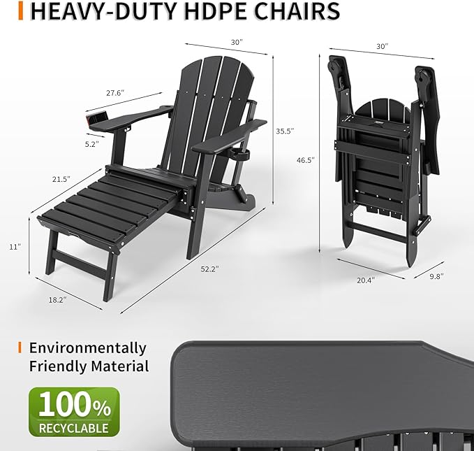 VINGLI Back-Adjustable Plastic Folding Adirondack Chairs Set of 2with Retractable Footrest & 2-in-1 Cup Holders, Waterproof HDPE Outdoor Fire Pit Chairs for Patio, Pool, Capacity 400 LBS, Black