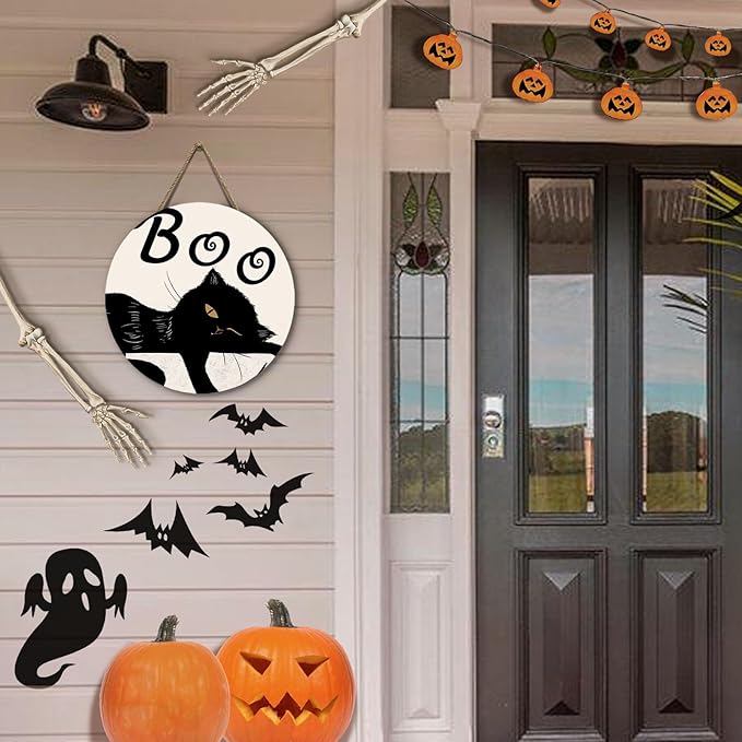 Halloween Black Cat Signs for Front Door Boo Wooden Door Hanger Scary Holiday Hanging Decorations for Wall Porch Outdoor