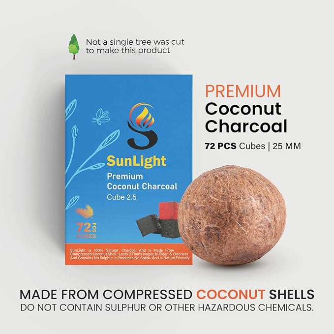 Sunlight® Premium Coconut Charcoal Cubes - (2.5mm) - Long Lasting Natural Coco Charcoal - Zero Ash - Low Odor - 2.5 mm Cubes - Long Lasting - Full Burn (72)