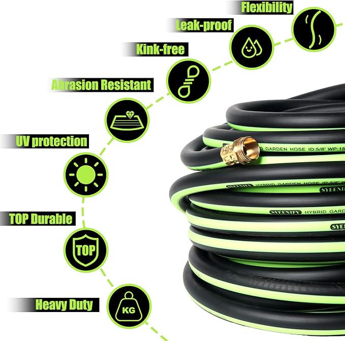 SYEENIFY Garden Hose 75ft 5/8", Heavy Duty No Kink Water Hose, No Tangle Flex Rubber Garden Hose for Lawns,Floor,Yard Washing,Pet Cleaning