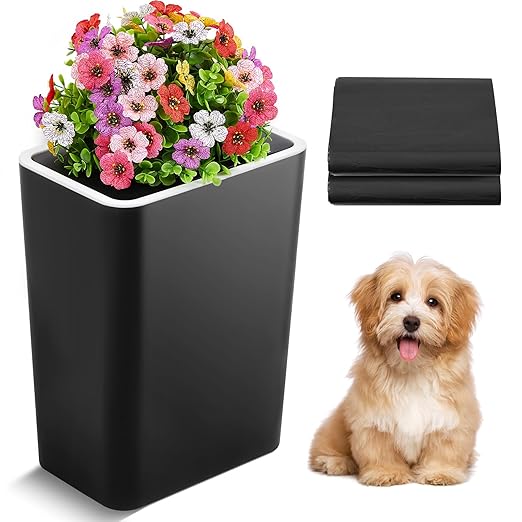 Dog Poop Trash Can Outside 3.96 Gal/15 L Plant Styled Dog Waste Trash Can with Lid 50 Pcs Plastic Waste Bags Outdoor Indoor Poop Container Slim Garbage Bin for Yard Garden Pet (Flower Black)