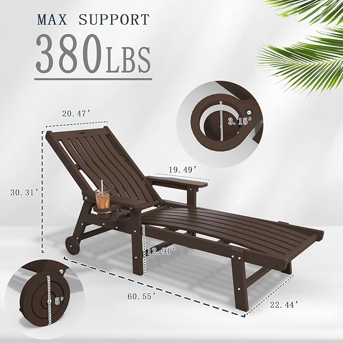 Patio Chaise Lounge Chair Set of 2, Oversized Lounge Chair Outdoor with 5 Positions, HDPE, Patio Lounge Chair with Wheels & Cup Holder for Pool, Deck, Poolside,Brown