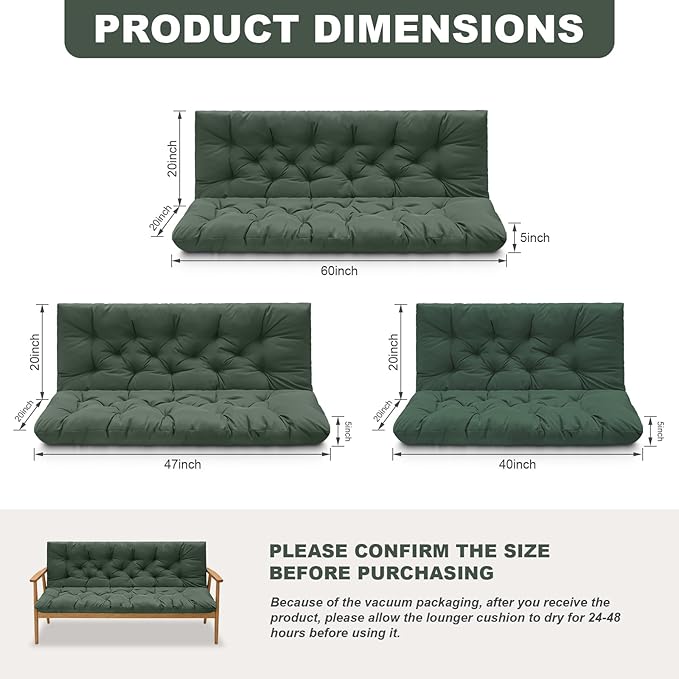 Porch Swing Cushions,Outdoor Cushions 3 Seater Replacement with Backrest, Waterproof Thickened Bench Cushion with Ties for Porch, Patio,Outdoor, Backyard and Garden (Dark Green 47 * 40 in)