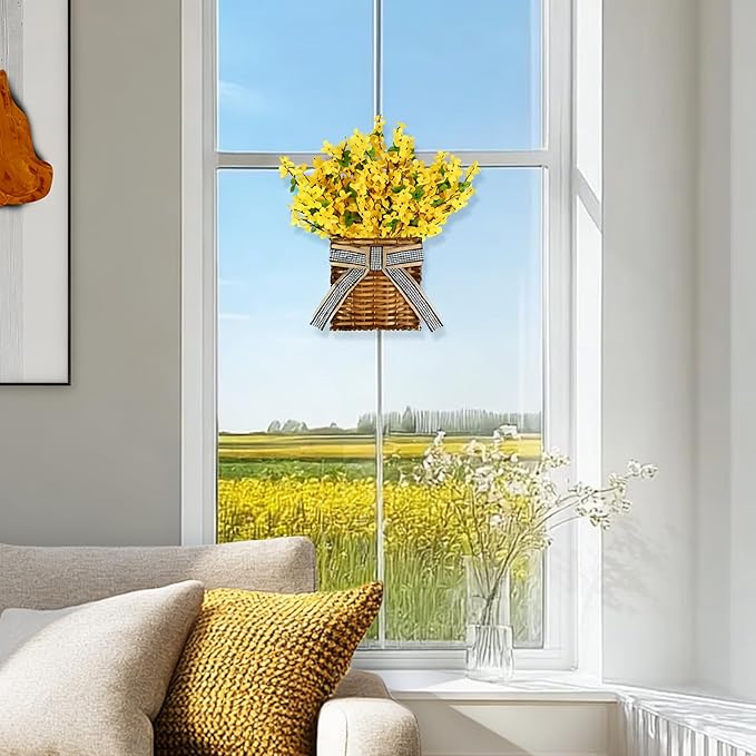 Yellow Forsythia Wreath Spring Door Hanger Basket Wreath, Artificial Spring Summer Flowers Wreathes with Green Leaves for Front Door Indoors Outdoor Decor Rustic and Farmhouse Yellow Wreathes