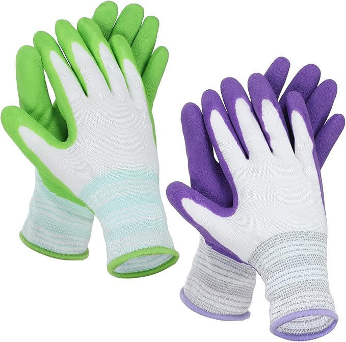 2 Pairs Gardening Gloves, Outdoor Work Garden Gloves Breathable Rubber Coated Outdoor Protective Yard Glove with Grip for Women Men Garden Essentials (Green & Purple)