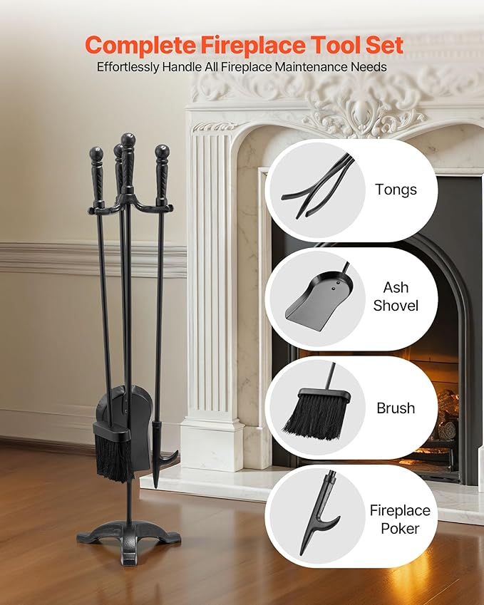 VEVOR Fireplace Tool Set, 4 PCS Fire Tool Set and Holder with Three-Prong Stand, Ash Shovel, Brush, Fire Place Poker, Wrought Iron Fireplace Accessories for Campfire Indoor/Outdoor, Black