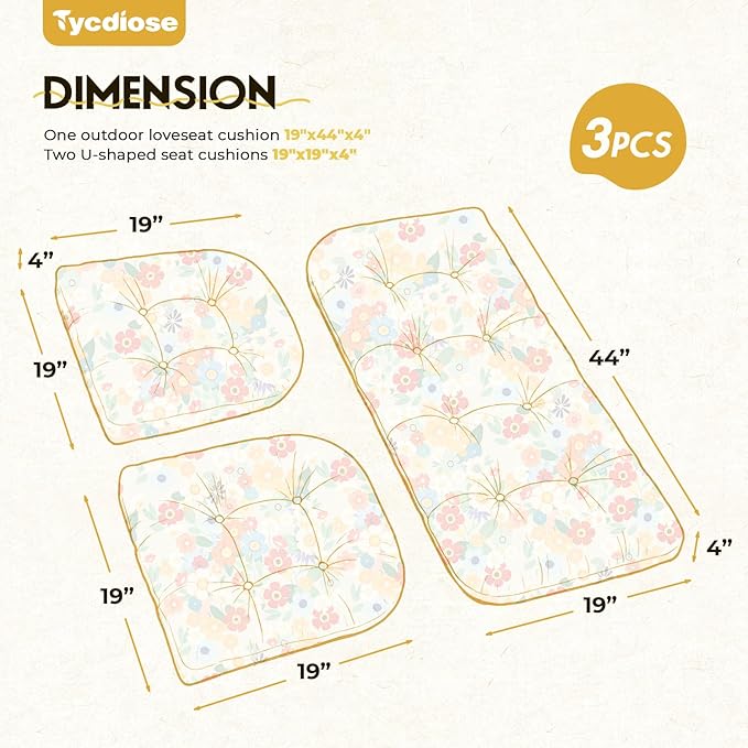 All Weather 3 Pieces Wicker Furniture Chair Cushions, Waterproof Outdoor Wicker Chair Cushion for Patio Furniture Loveseat Settee Bench, 1 Loveseat and 2 U-Shaped Thickened Cushions, Daisy