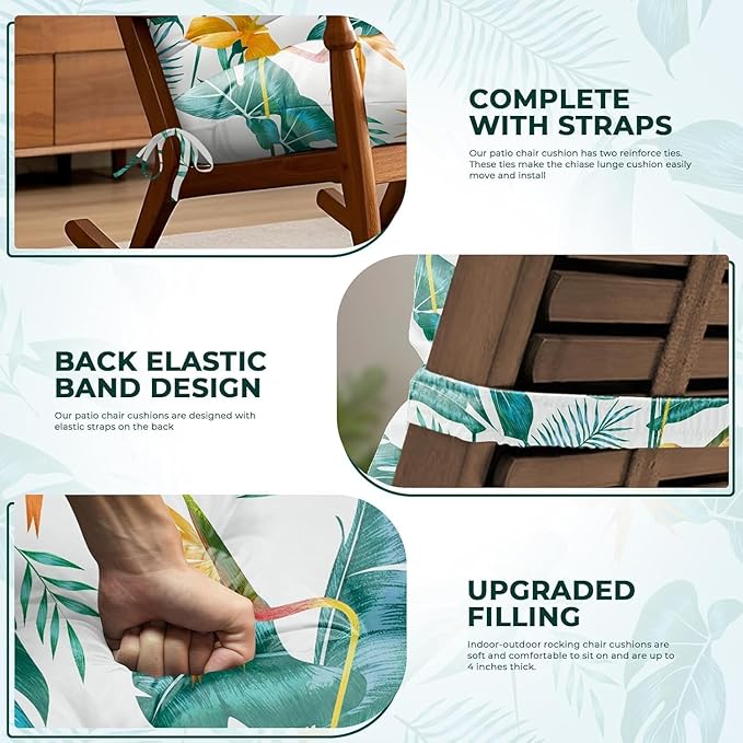Adirondack Chair Cushion Waterproof Indoor Outdoor Rocking Chair Cushion 44 Inches Patio High Back Chair Cushions Thickened Adirondack Rocking Chair Cushions with Ties, Yellow-Green Leaf