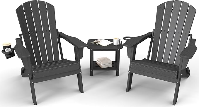 Folding Adirondack Chair 3-Piece Set - 38" Extra Tall Back & Embossed Wood Grain, Oversized HDPE Patio Furniture with Side Table & Cup Holders, 380lb Heavy Duty, Black