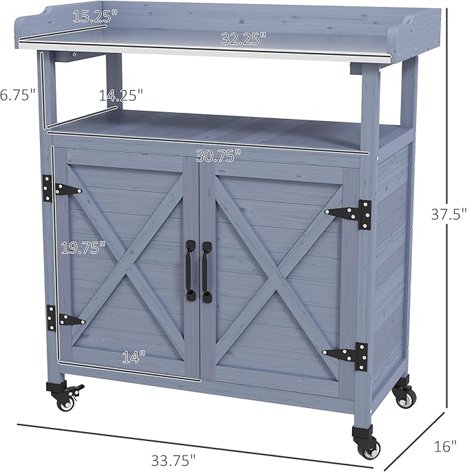 Outsunny Outdoor Wooden Potting Bench Table, Garden Workstation with Storage Cabinet, Aluminum Table Top, Rubber Wheels for Backyard, Patio, Balcony, Gray