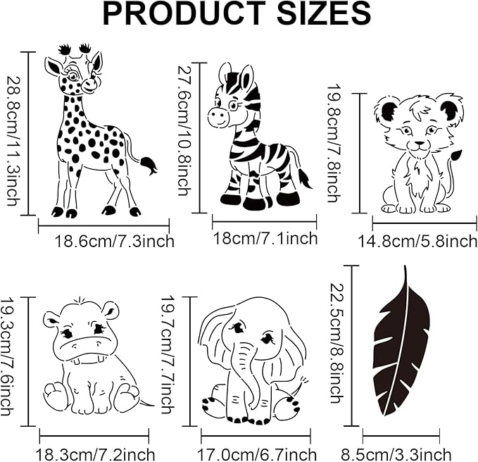 MAYJOYDIY 3pcs Small Animal Stencils Giraffe Zebra Lion Rhinoceros Elephant Tropical Leaves Painting Stencils 11.8×11.8inch with Paint Brush DIY Craft for Wood Wall Fabric Decors