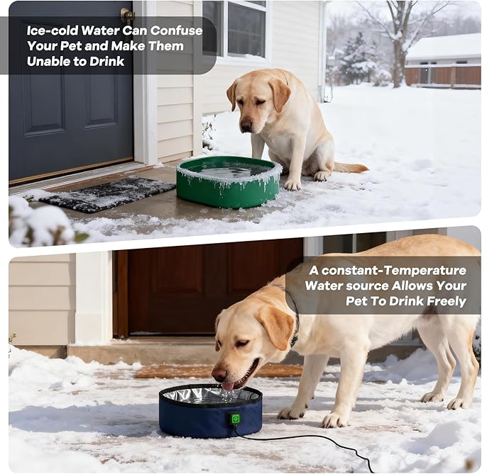 Heated Water Bowl for Dogs Winter Outdoor - 3L Foldable Travel Pet Bowl Keeps Water Unfrozen for Dogs Cats Chickens, USB Adjustable 113-149°F, Leakproof Portable Anti-Chew