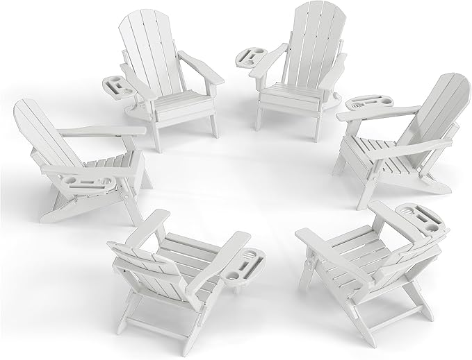 Adjustable Adirondack Chair Set of 6 with Cup Holder, All Weather HDPE Fire Pit Chairs for Deck, Backyard, Patio, White