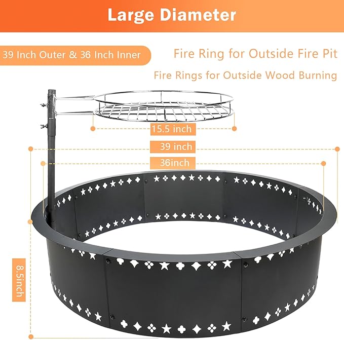 Fire Pit Ring with Grill 36" Fire Ring for Outside Fire Pit,Large DIY Fire Rings for Outside Wood Burning Smokeless Firepit Insert Liner Above/In-Ground Camping Firepit Ring for Outdoor Picnic BBQ