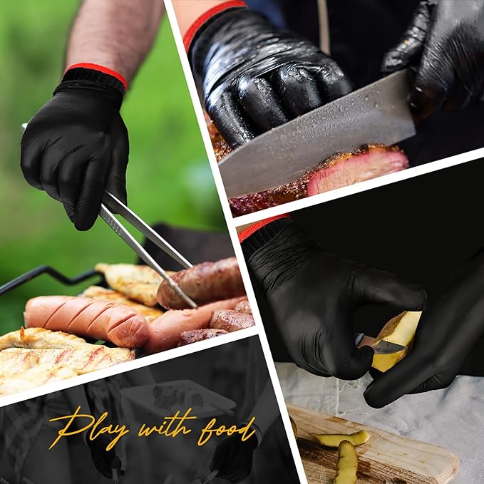 Janmercy 200 Pcs Disposable BBQ Nitrile Gloves with 4 Pairs Cotton Liners Grilling Cooking Cleaning Gloves for Smoker Meat(X-Large,Black)