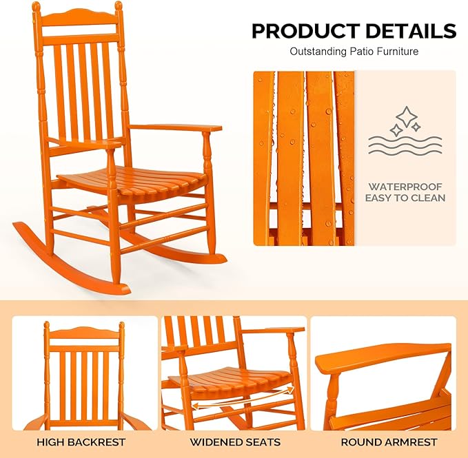 VINGLI Wooden Rocking Chair Outdoor, Patio Rockers with High Back, Support 450 LBS Rocking Chairs, for Porch, Patio, Balcony, Garden, Yard (Orange, 1 PC)