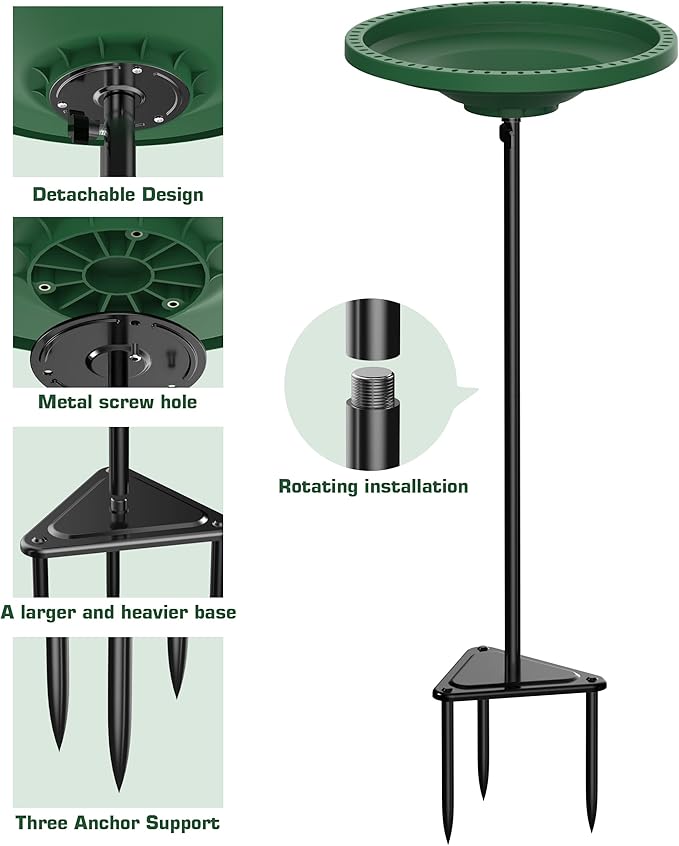Bird Baths for Outdoors, Detachable Birdbaths for The Garden Clearance, Freestanding Bird Baths for Outdoors Heavy Duty, Bird Bath Bowl Spa & Birdfeeder with Metal Stake Stand, Circle Shape (Green)