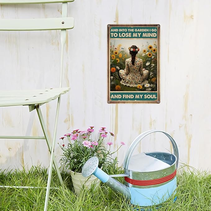 Funnysign Garden Gifts Vintage Metal Tin Sign – “And Into the Garden I Go to Lose My Mind and Find My Soul” Rustic Floral Wall Art for Home, Patio, Garden Décor – 8x12 Inches (9849)