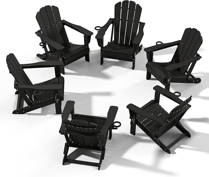 Domi Folding Adirondack Chairs Set of 6, HDPE All-Weather Outdoor Chairs with Cup Holder, Wooden Textured Fire Pit Chairs for Backyard, Patio, Poolside & Deck, Black