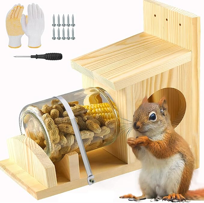 Squirrel Feeder,Wood Squirrel Feeders for Outside,Durable Log Squirrel House with Removable Glass Jar,Chipmunk Feeder Weather-Proof Squirrel Feeders for Outdoors with Corn,Peanut Seed Holder