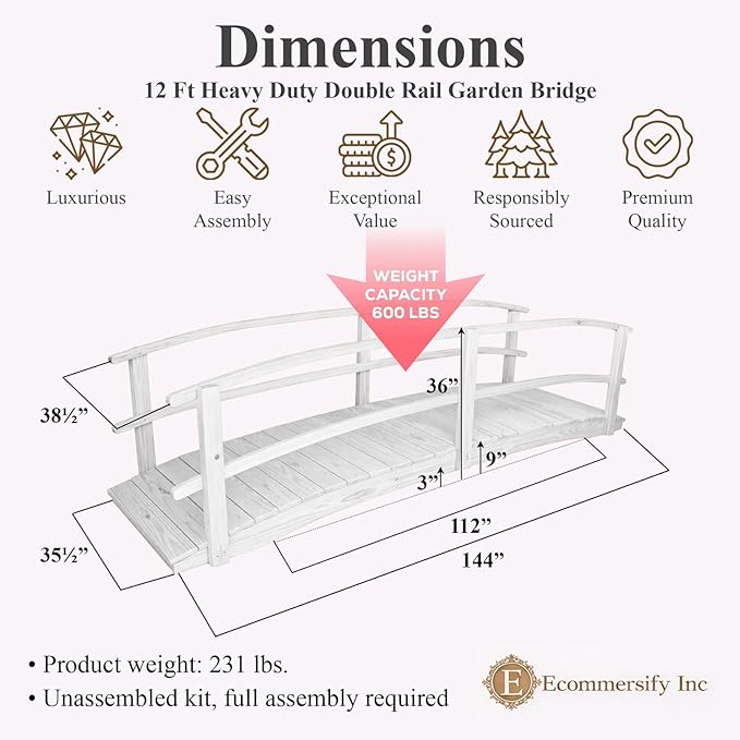 12 FT White Amish Made Garden Bridge with Double Rails for Walkway, Backyard Pond & Landscaping, Outdoor Wooden Footbridge for Koi Pond, Japanese Style Decorative Bridge, Made in USA