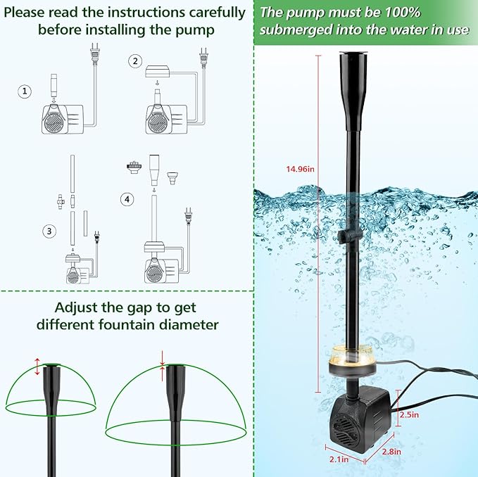 15W 800L/H Submersible Pond Fountain Pump with LED Lights, Ultra Quiet Water Pump, Pond Fountain Pumps for Small Pond, Garden, Aquarium, Fish Tank, Indoor Outdoor Fountain 3 Type Nozzle (Warm)