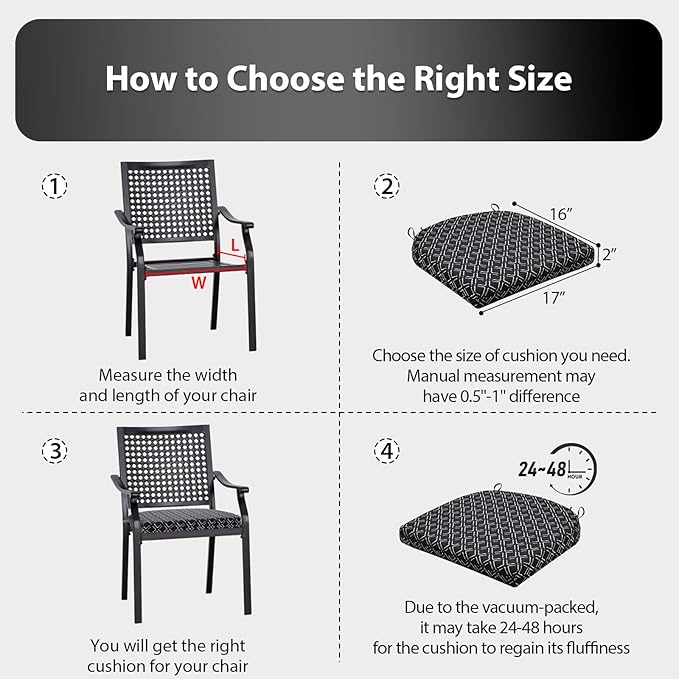 Outdoor Chair Cushions Set of 4, 17 x 16 Inch Patio Chair Cushions for Outdoor Furniture, Water Resistant, Non-Slip Ties (Black Geometry)