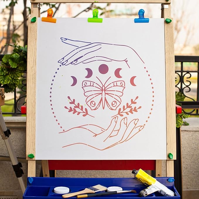 GORGECRAFT 12"X12"Moon Phase Stencil Butterfly Templates Square Plastic Leaves Drawing Templates Lifting Hands Ring Star Templates Witch Magical Decoration Stencil for Painting on Wood Wall Shirt