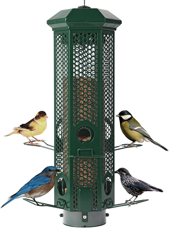 Squirrel Proof Bird Feeders with Removable Base, Metal Wild Bird Feeder for Outdoors Hanging, 6 Weight-Activated Ports Perches, 3LB Seed Capacity(Green)