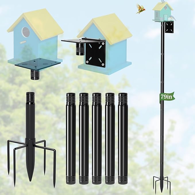 79-Inch Birdhouse Pole Stand, Heavy Duty Metal Bird House Mount with Ground Stake Base, Multi-Section Outdoor Pole for Birdhouses, Feeders & Garden Decor