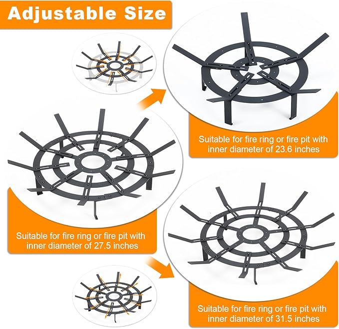 Aoodor Adjustable Round Smoke-Free Fire Pit, Fit 28-36 Inch Fire Rings, Heavy Duty Burning Log Grate for Outdoor Campfire, Hearth Wood Stove and Outdoor Camping, Black