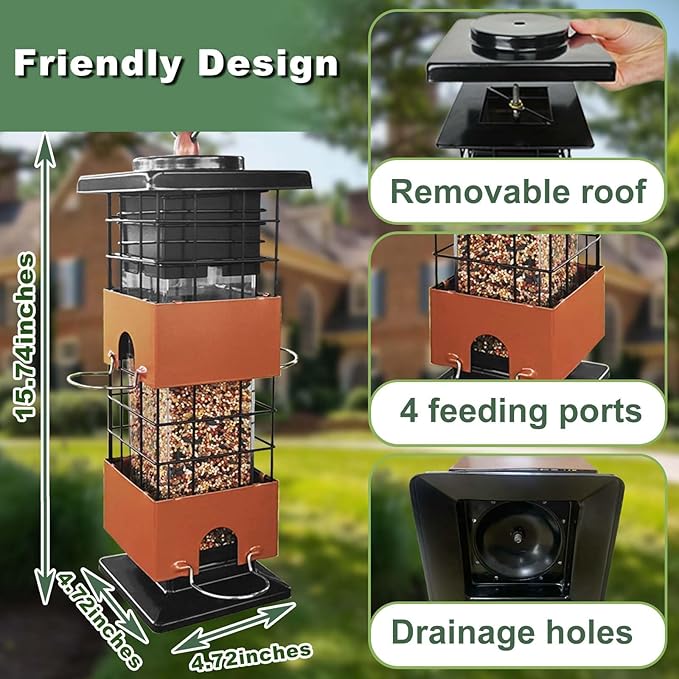 Squirrel Proof Bird Feeder,3Lbs Metal Birdfeeders Squirrel Proof with 4 Feeding Ports for Outside, Birds Seed Feeder for Outdoors, Cardinal, Finch, Sparrow (Brown)