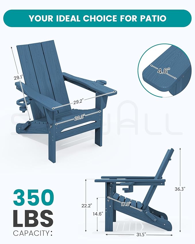 SERWALL Modern Folding Adirondack Chair Set of 4, HDPE Weather Resistant Outdoor Adirondack Chair with Dual Cup Holders, Patio Lawn Garden Chairs, Blue
