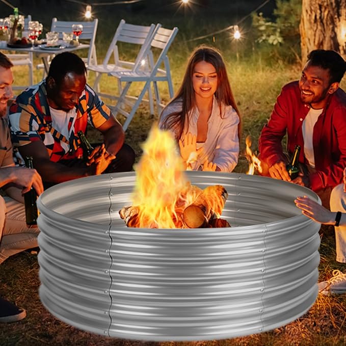 48 inch Fire Pit Ring, 4FT Galvanized Fire Ring, Wood Burning Fire Pits Ring, Outdoor Fireplace Height 18 Inch, Round Camp Fire Ring, Bonfire Pit for Camping, Backyard (4x4x1.5FT)