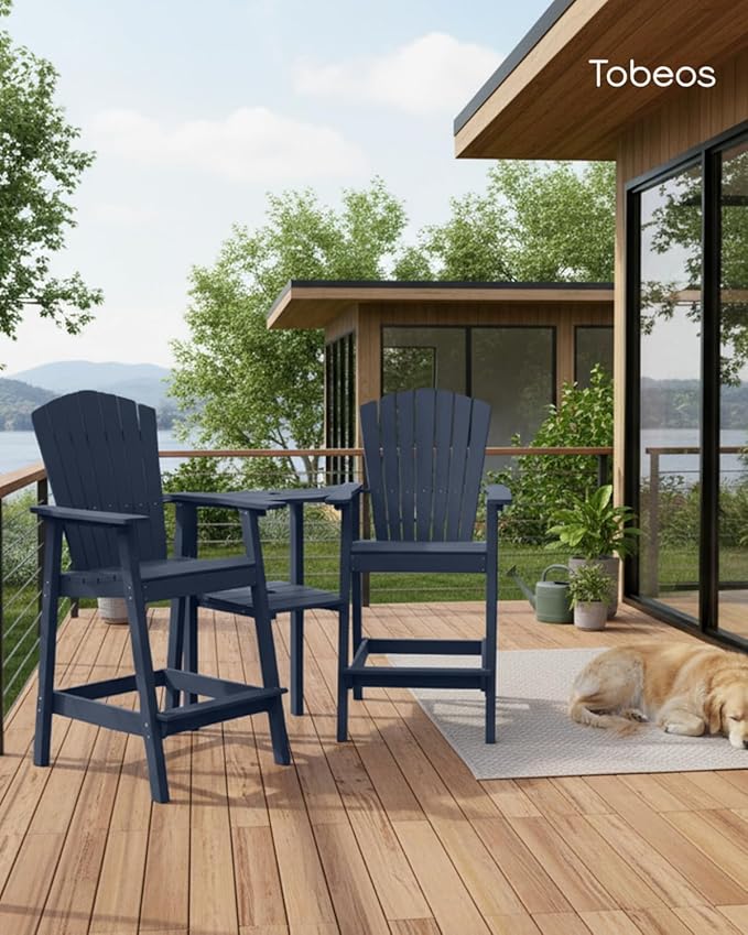 Tall Adirondack Chairs Set of 2, HDPE Outdoor Adirondack Chairs with Double Connecting Tray, Bar Height High Back Patio Chairs for Balcony, Deck, Backyard (Grey)