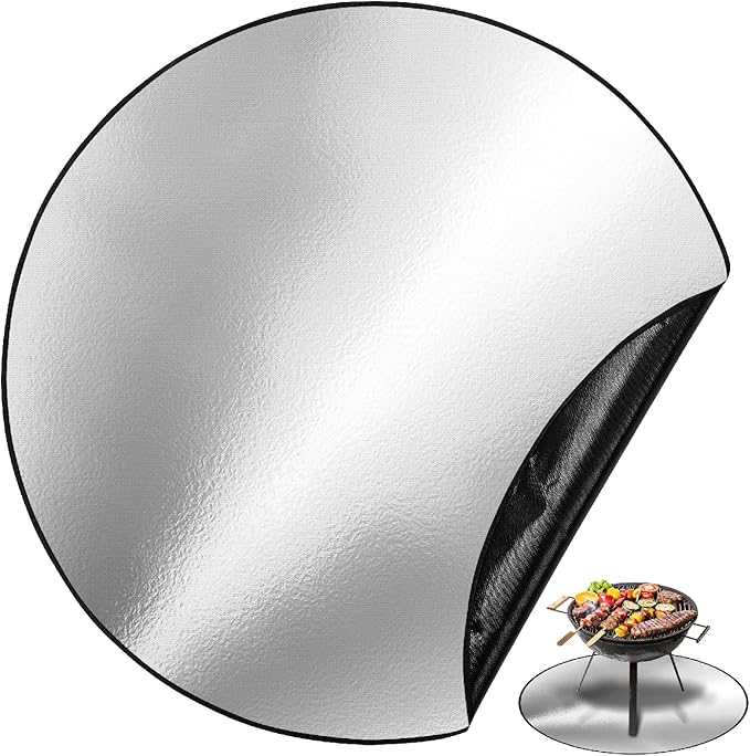 UNCO- Round Fire Pit Mat, 38", Silver Fireproof Design, Reusable, Portable, 3 Layers, Waterproof & Easy to Clean, Grill Matt for Outdoor Grill Deck Protector