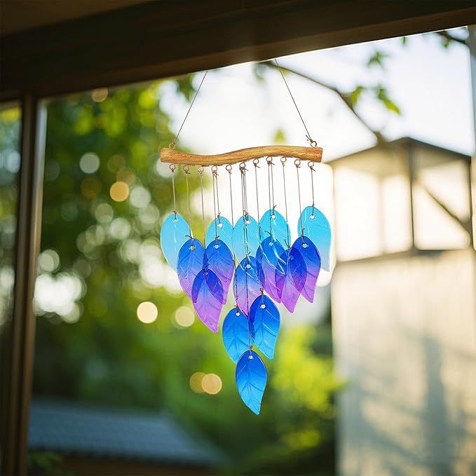 Glass Leaves Wind Chimes for Outdoor Memorial Decor - Unique Wind Chimes for Garden, Yard, Porch & Christmas, Durable Outside Christmas Decoration with Handcrafted Glass Design