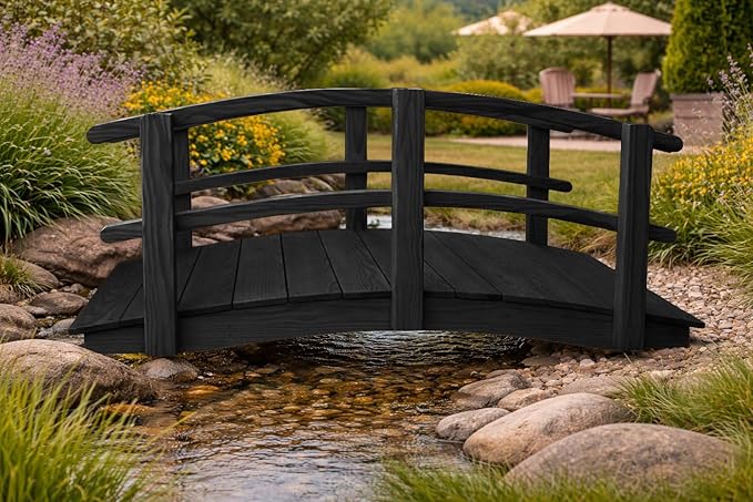 6 FT Black Amish Made Garden Bridge with Double Rails for Walkway, Backyard Pond & Landscaping, Outdoor Wooden Footbridge for Koi Pond, Japanese Style Decorative Bridge, Made in USA