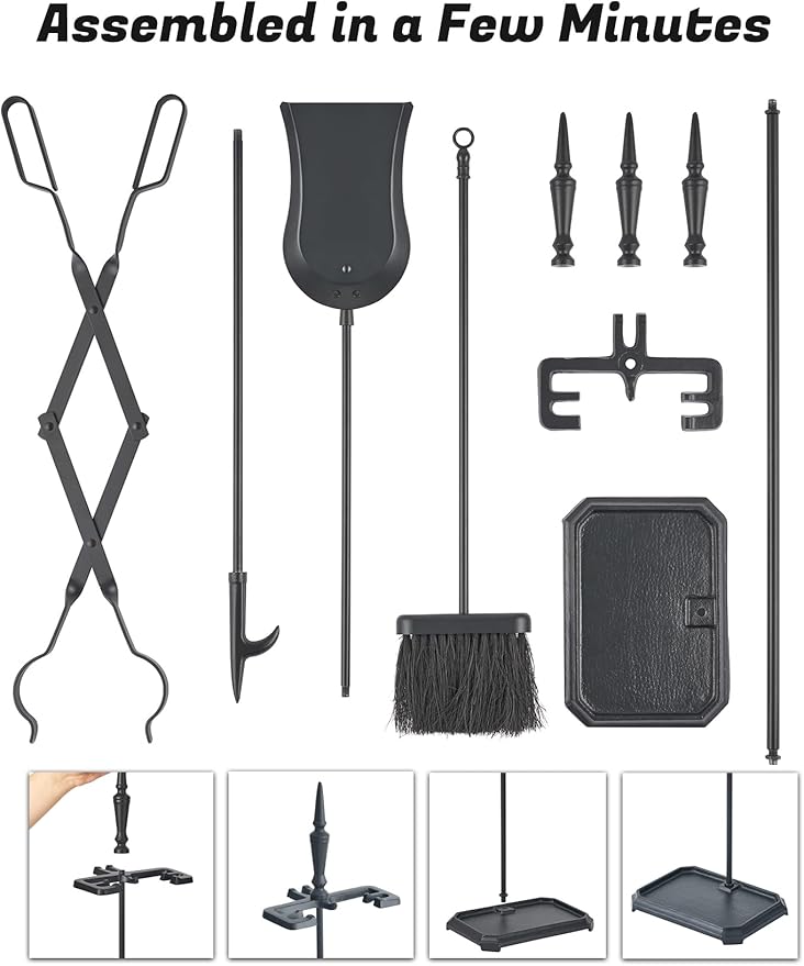 Lichamp Gothic Fireplace Tools Set, 5-Pieces Indoor Outdoor Sturdy Fire Place Poker Sets with Gothic Handle, FTS35BK