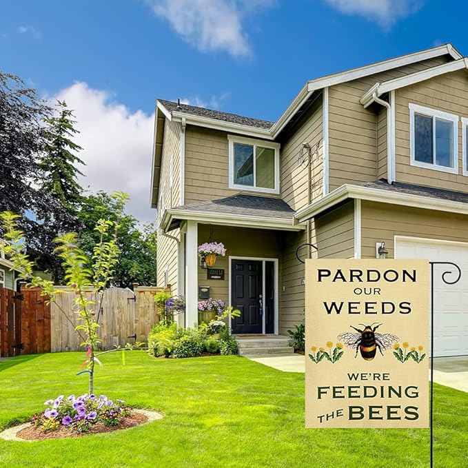 Summer Garden Flag Pardon Our Weeds We're Feeding The Bees Vertical Double Sided Decorative Yard Sign for Outdoor Decoration 12.5 X 18 Inch