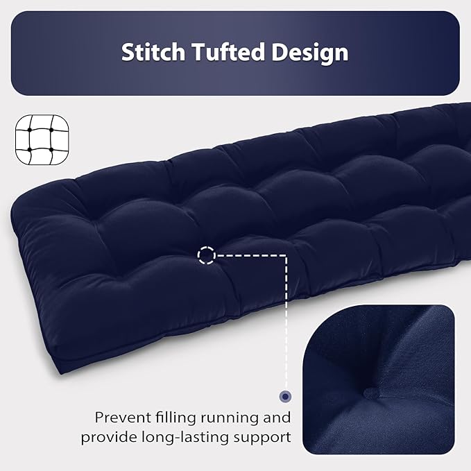 Tufted Bench Cushions for Outdoor Furniture, 59" x 18" Porch Swing Cushions Filled with Foam, Overstuffed Patio Cushions for Bench Loveseat with 2-3 Seats,Thick and Water Resistant, Navy