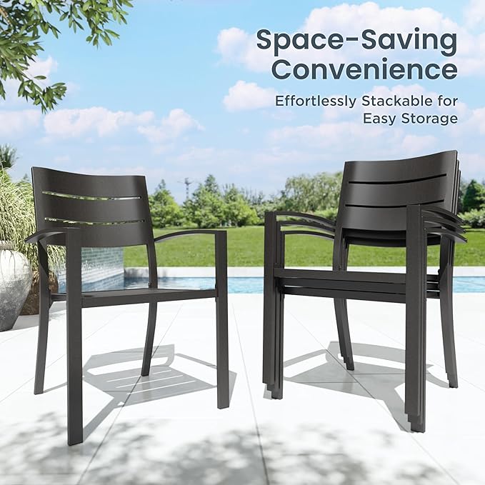 PHI VILLA 5 Pieces Outdoor Dining Set with Umbrella for 4, 37" Square Metal Steel Table & Stacking Wrought Iron Chairs & 3-Tier Blue Umbrella, Outside Furniture Set for Patio, Deck, Porch, Backyard
