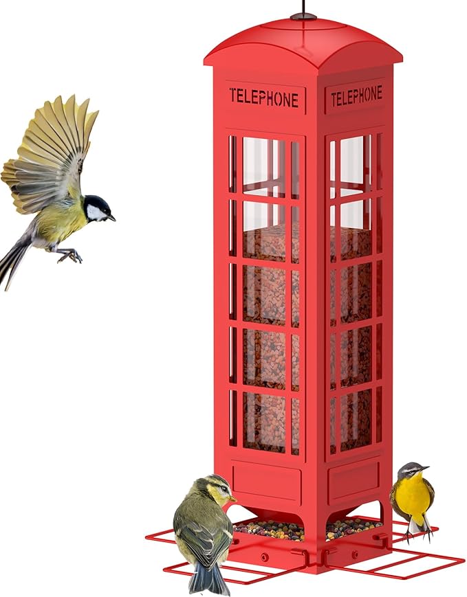 Squirrel Proof Bird Feeder,Weight Activated Outside Hanging Metal Mesh Wild Bird Feeder, 3LB Large Capacity Red Birdfeeders for Cardinals, Finches, Blue Jays, Chickadees