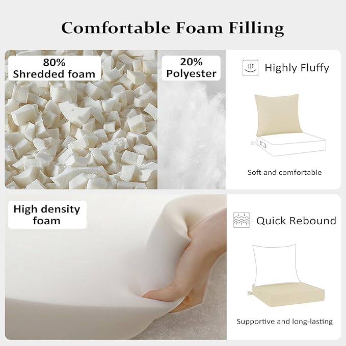 Cozyide Outdoor Chair Cushions 24x24, Washable Patio Furniture Cushions with Removable Cover, Waterproof Outdoor Deep Seat Cushion Set with Non-Slip Ties and Handle, Beige