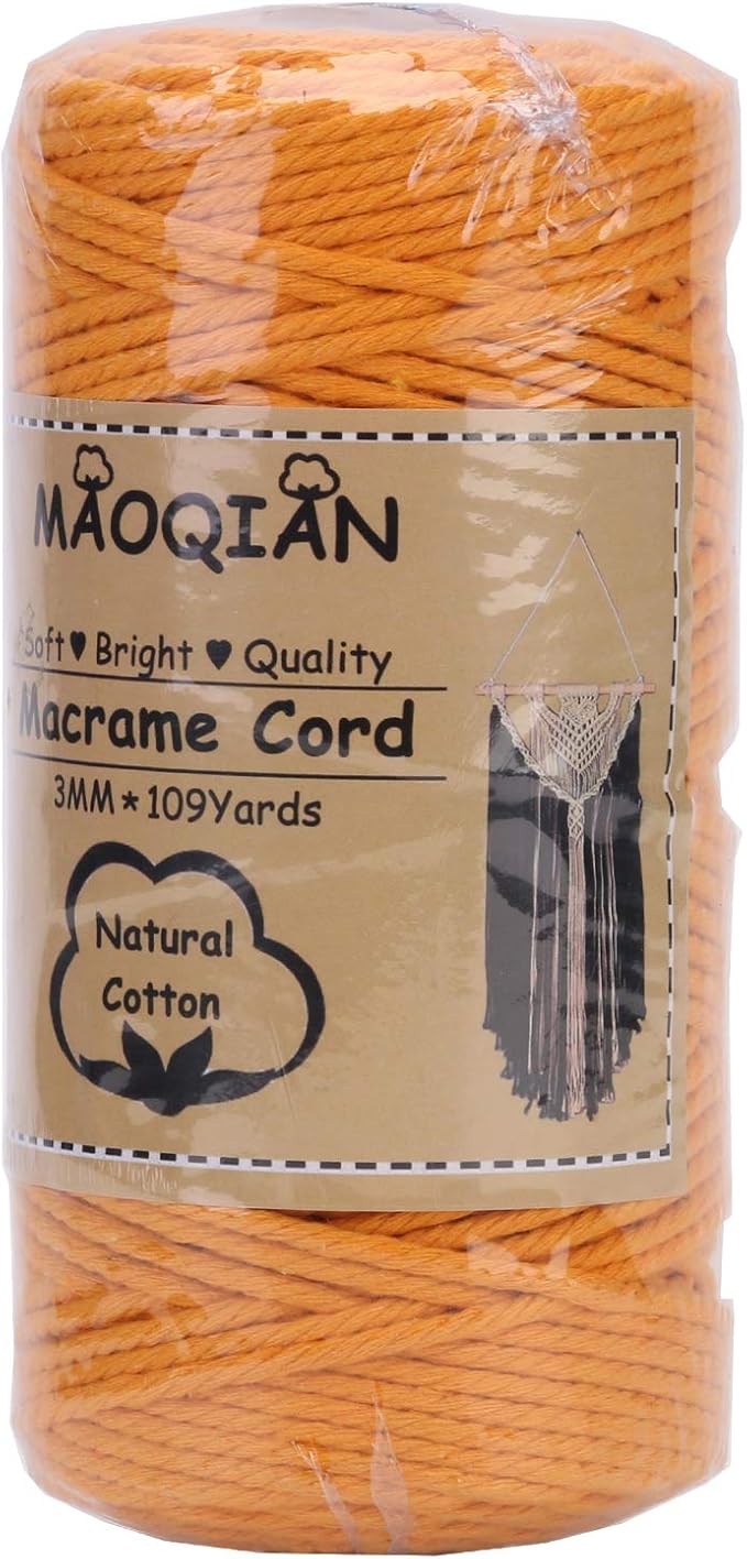 Golden Yellow Macrame Cord 3mm x 109Yards,Colored Cotton Rope Colorful Cotton Cord Soft Craft Cord Twine for Wall Hanging Plant Hangers Crafts Decorative Projects